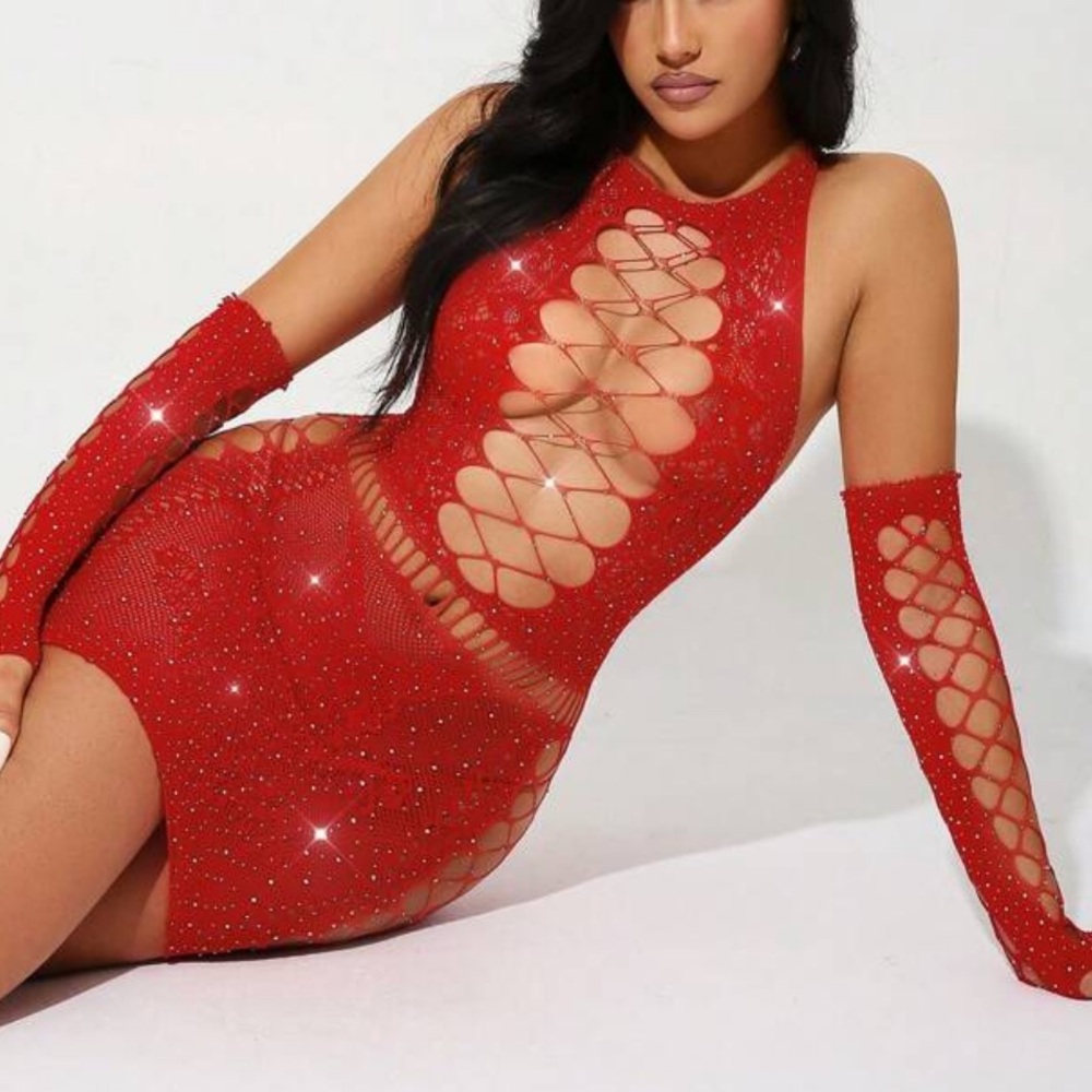 Red stretchy arm sleeves and dress bedazzled set